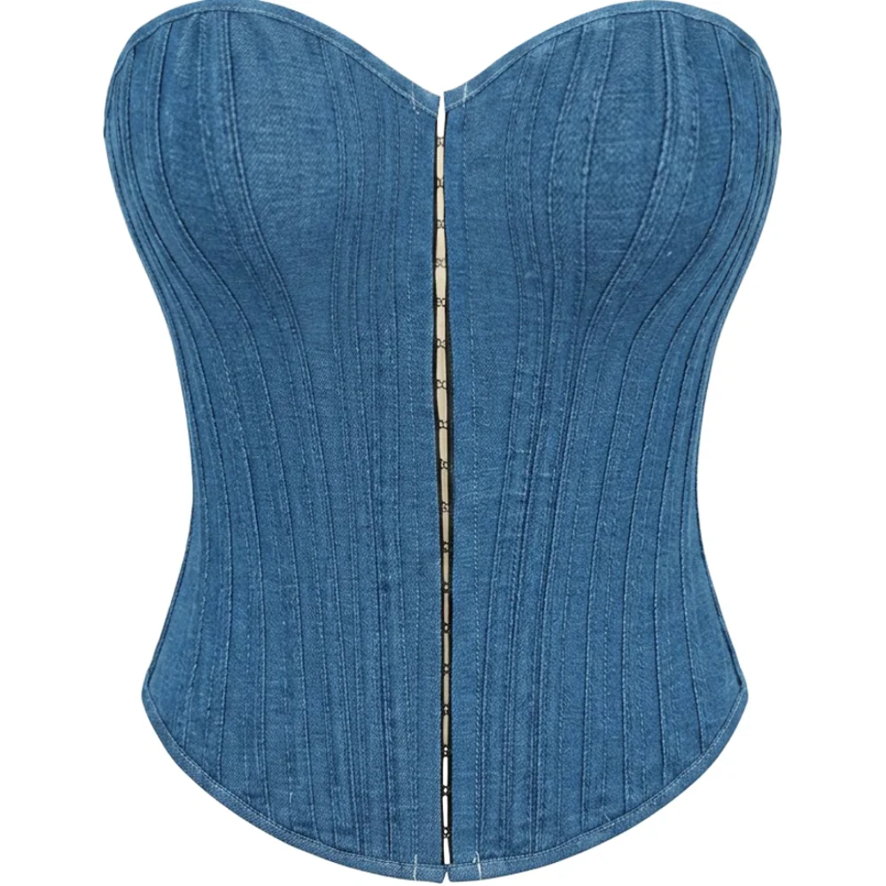 Vintage Denim Corset Bustier Women Strapless Front Hook Back Lace Up Waist Shaping Casual Tube Top
