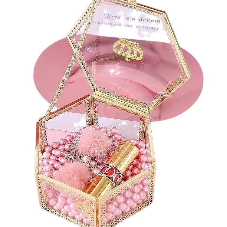 

European crown storage box glass cosmetics polygonal gifts jewelry ring exquisite jewelry box pink girl hear