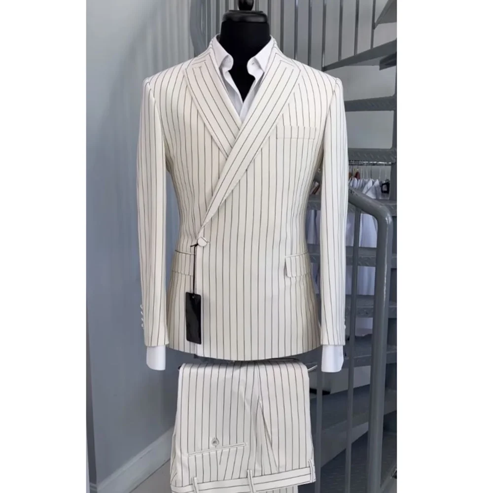 Pinstripe Men Suits White 2 Piece Chic One Button Peak Lapel Business Office Wear Slim Daily Casual Male Suit (Blazer+Pants)