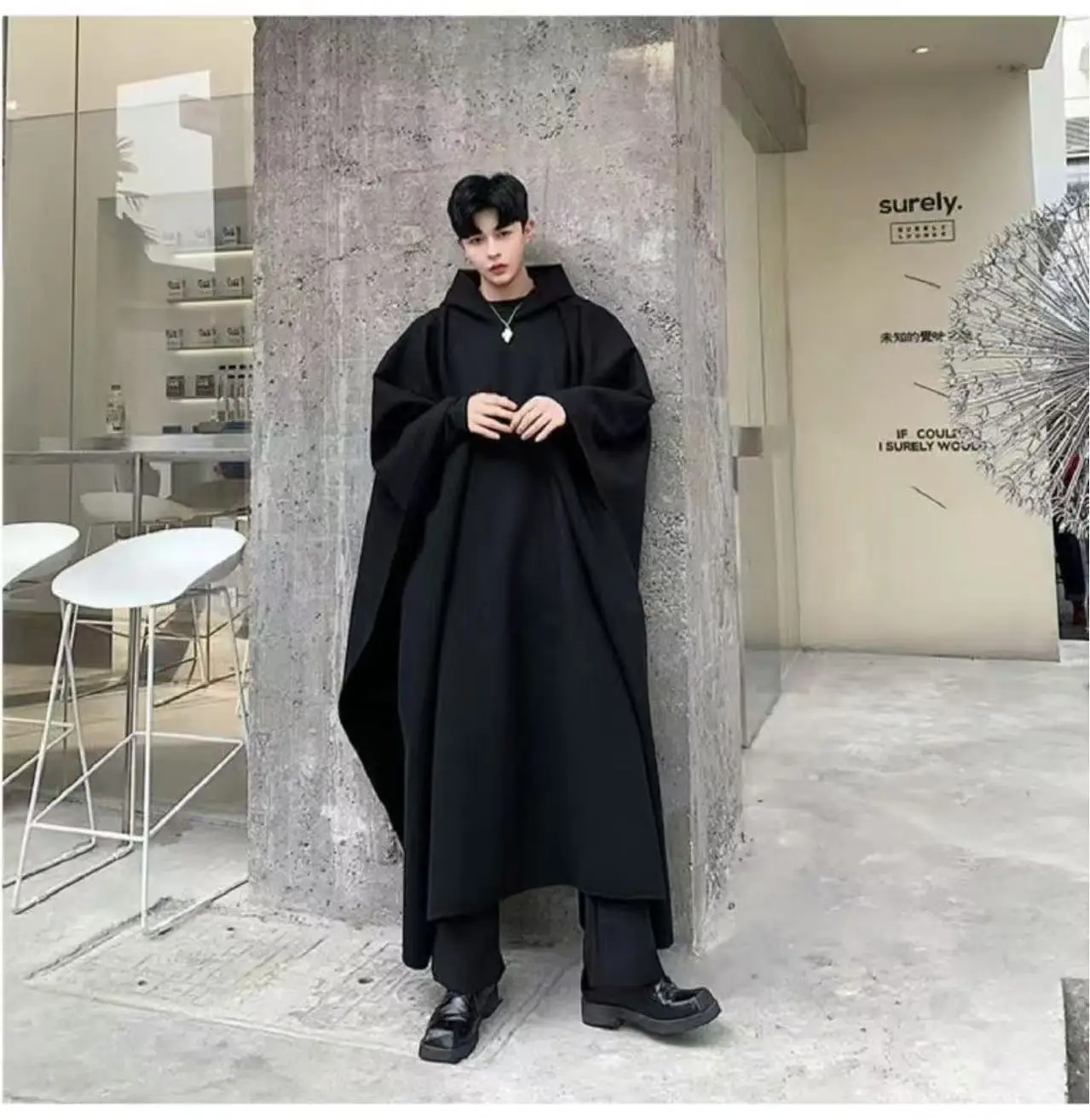 

Cool Black Cloak with Hat Men Women Loose Long Robe for Halloween Christmas Event Cosplay Performance Clothing COS Cape Gothic