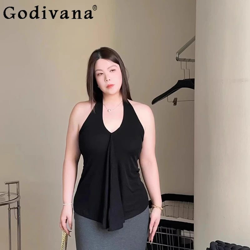 

Large Size XL-4XL Halter Knitted V-neck Sexy Elastic Sling Vest Summer New Irregular Women's Black Slim Fashion Versatile Top