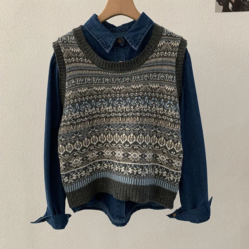 オウムデニム イルト＆ニットベストセット シングルボタン ロングスリーブ カジュアルウェア ラウンドネック シングルレイヤリングトップ レディースファッション