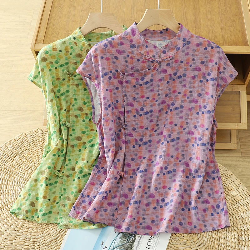 Csa sin Mangas de Lino y Aodón con Estampado Floral de Verano, Estilo Deado, Abotonada, Blusa Hoada para Mujer, Cuel...