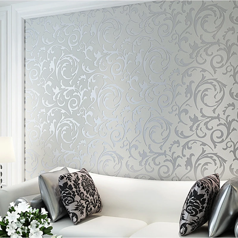 Silver / Gold Victorian Damask Wallpaper Embossed Wall Coverings Roll Silver Floral Luxury Medlar leaf Wall Paper for home обои