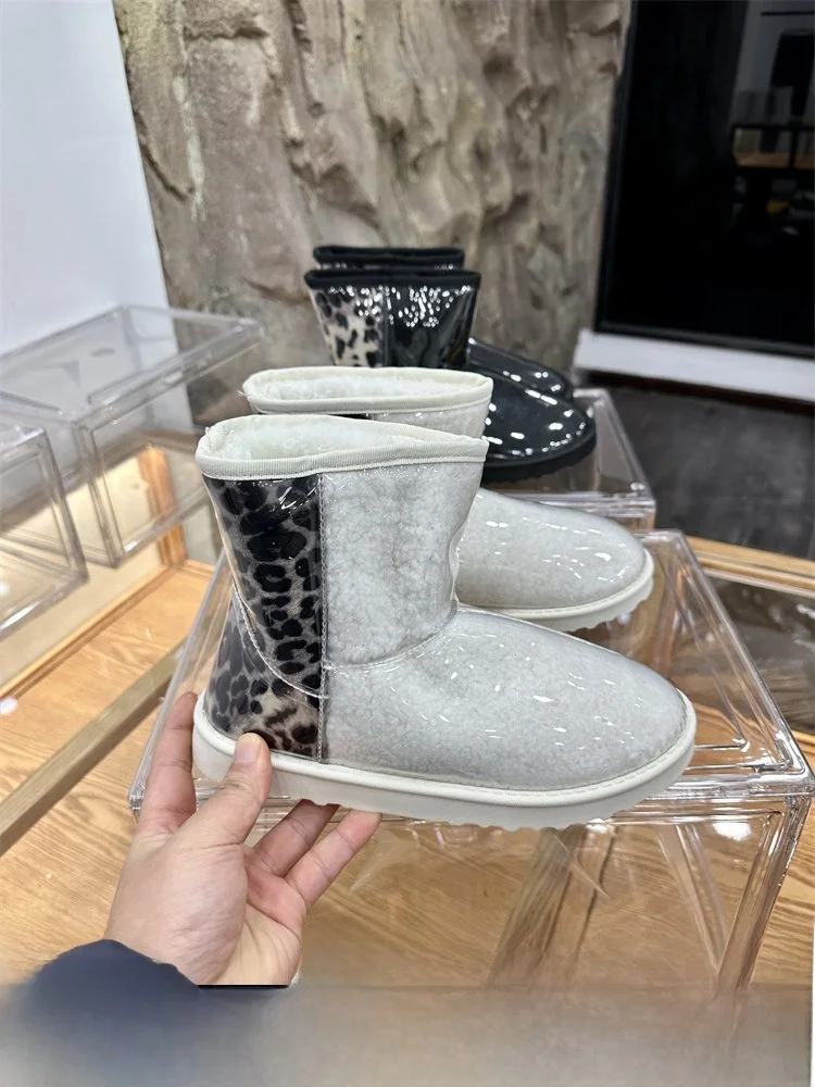 

Warm Fleece Lined Short Snow Boots Color Block Leopard Print Waterproof Cotton Shoes Trendy Winter Low Top Flat Heel Boots