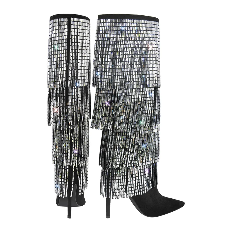 Onlymaker Women  Rhinestone Fringe Stiletto Knee High Boots Thin Heel Fashion Pointed Toe Tassel Crystal Moden Boots