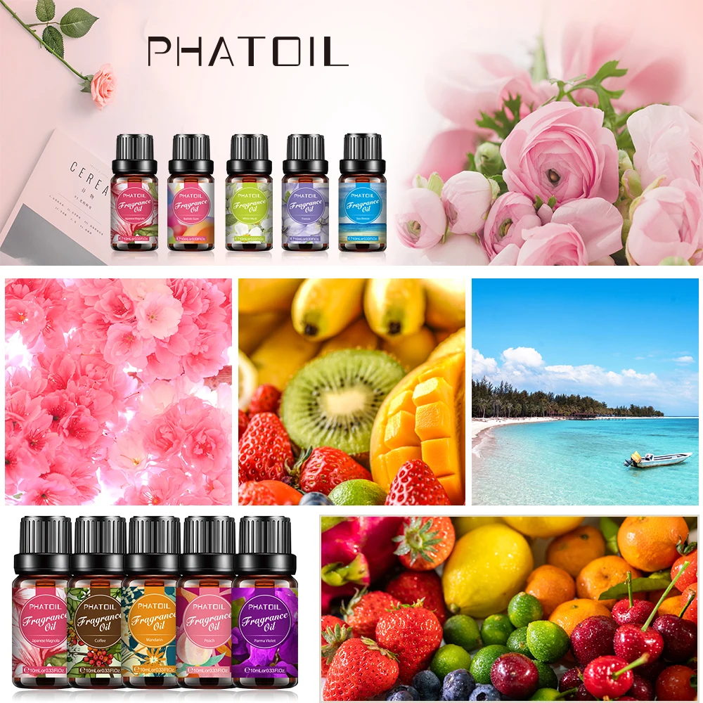 Phatoil 10ml Bubble Gum Fragrance Essential Oils Diffuser White Musk Sea Breeze Lemon Magnolia Oil for Lip gloss Candle Making