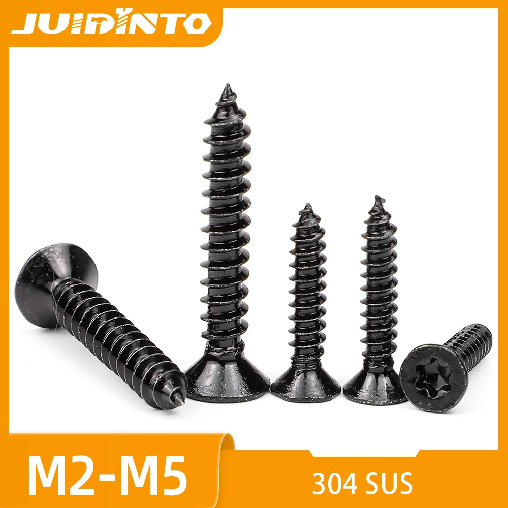 JUIDINTO 20-50pcs/bag Black Stainless Steel Torx Flat Head Self Tapping Screw M2 M2.6 M3 M3.5 M4 M4.2 M5 Six Lobe CSK Head Screw