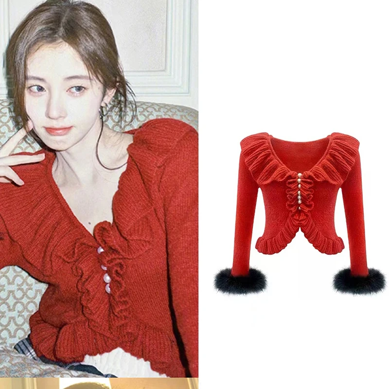 

Female Jazz Dancer Costume Red Ruffled Top Women Long Sleeved Knitted Sweater Kpop Clothes Stage Performance Wear DWY9764