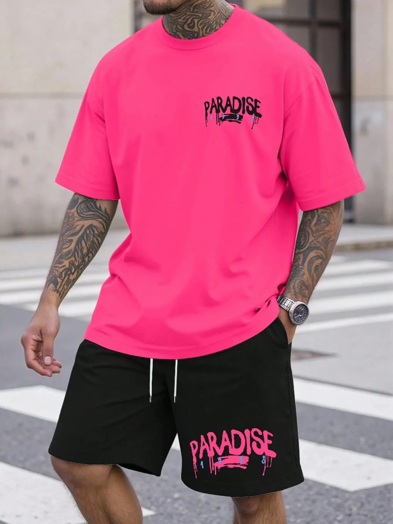 

2026 Summer New Men's Short-Sleeved Shorts Set with 3D Letter Pattern Printing - Street Casual Fashion Comfortable and Soft