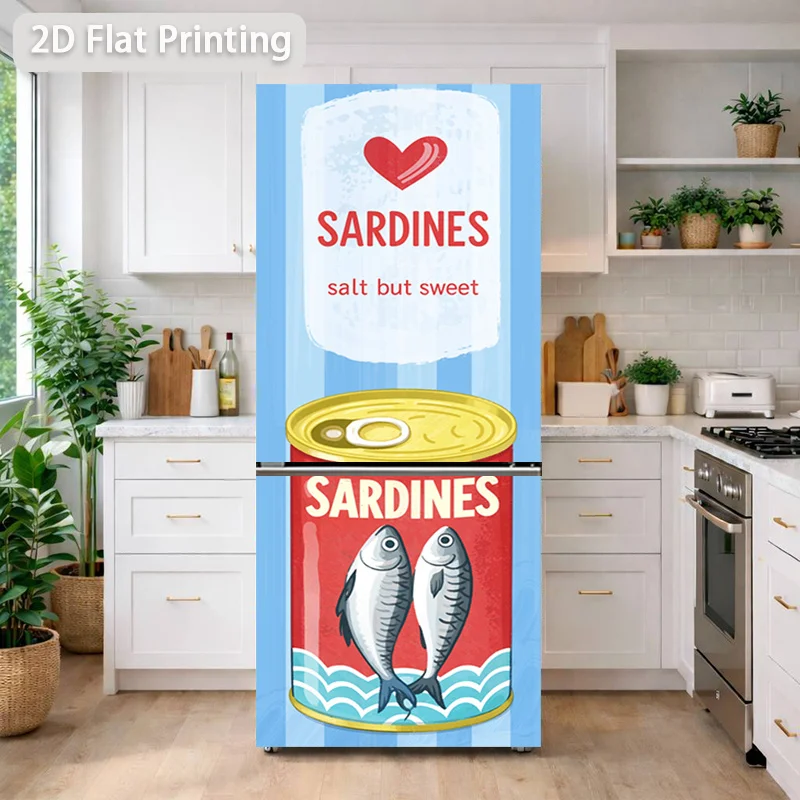 Printing Refrigerator Sticker 60×180cm Painted Sardine Can Theme Design Wall Decal Self-Adhesive Wallpaper, Suitable for Cabin