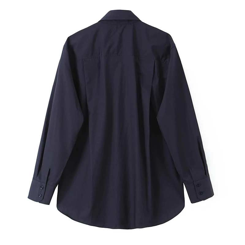 Willshela Women Fashion With Tie Navy Blue Single Breasted Blouse Vintage Lapel Neck Long Sleeves Female Chic Lady Shirts