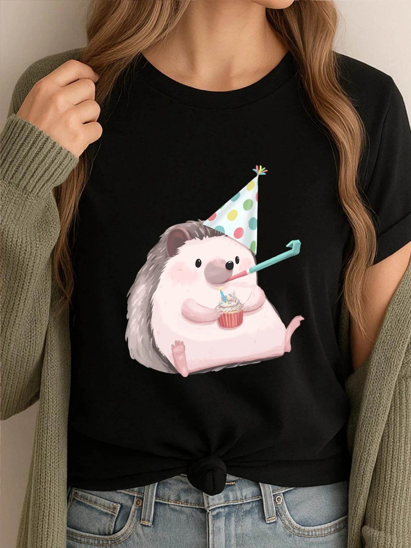 T-shirt graphique drôle anniversaire hérisson t-shirt blanc 100% coton Harajuku t-shirt confortable pour les femmes