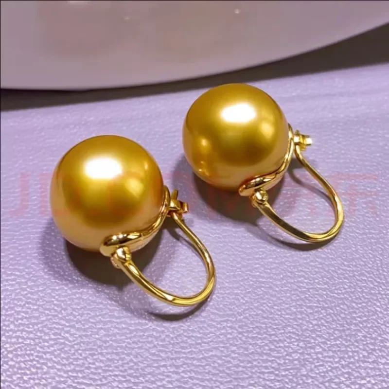 Pair of 12-14mm Genuine Gold Round Pearl Earrings for Women Simple Wedding Party Free Shipping Accessories Dangle ,hook Stud