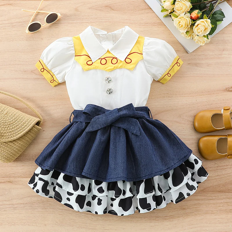 Little Girl Skirt Outfit Short Puff Sleeve Lapel Tops with Cow Pattern Patchwork A-Line Skirt with Belt 2 Pcs Set