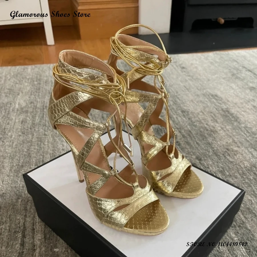 

Snakeskin Embossed Strappy Sandals Women's Round Open Toe Thin Heels Party Shoes Summer Elegant Lace-up Cut-out Stilettos