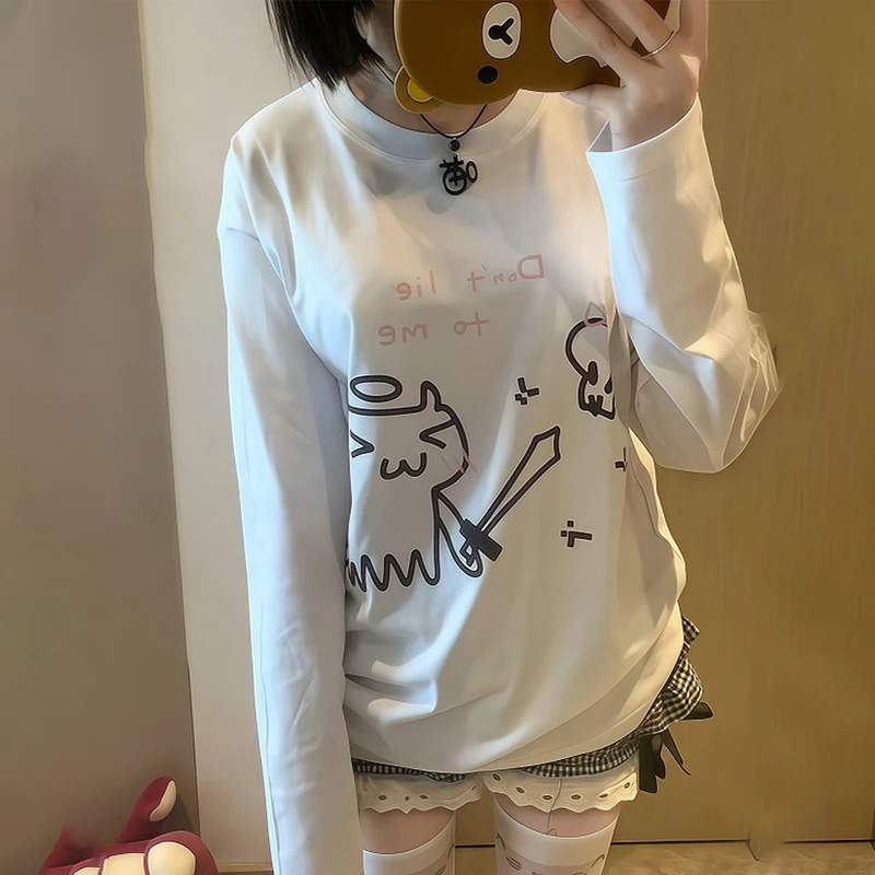 T-shirt à manches longues pour femmes, ample et décontracté, blanc, imprimé chat esprit de combat japonais, Harajuku Kawaii, vêtements surdimensionnés, automne