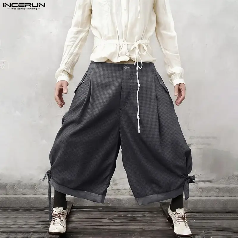 

INCERUN Men's Plaid Pants Button Oversize Lace Up Joggers Casual Trousers For Man Pantalones Streetwear Stylish Wide Leg Pants
