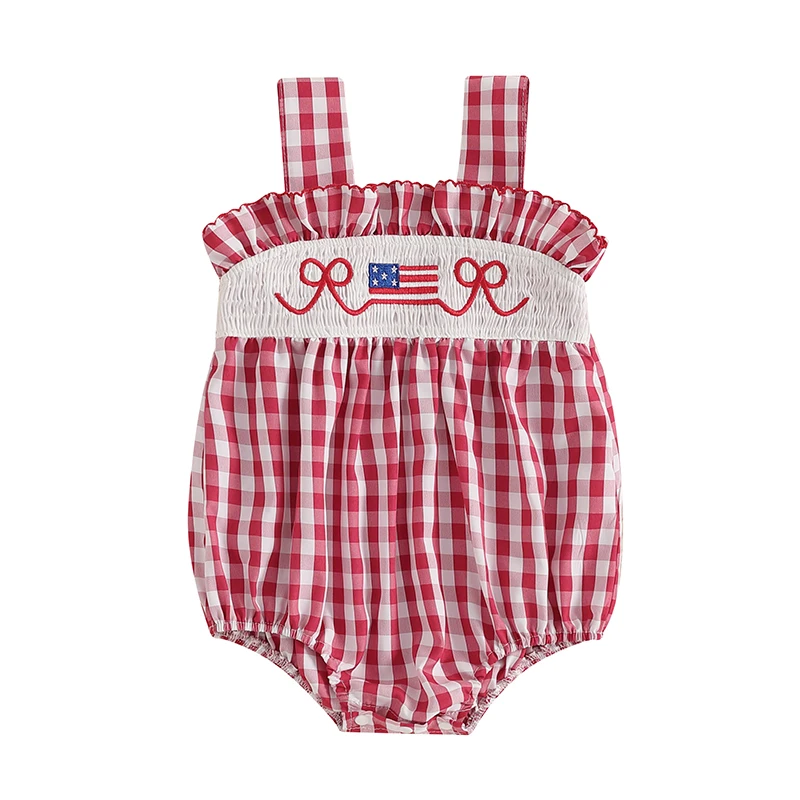 

Baby Girls Independence Day Romper Sleeveless Bow Flag Embroidery Plaid Cami Jumpsuit