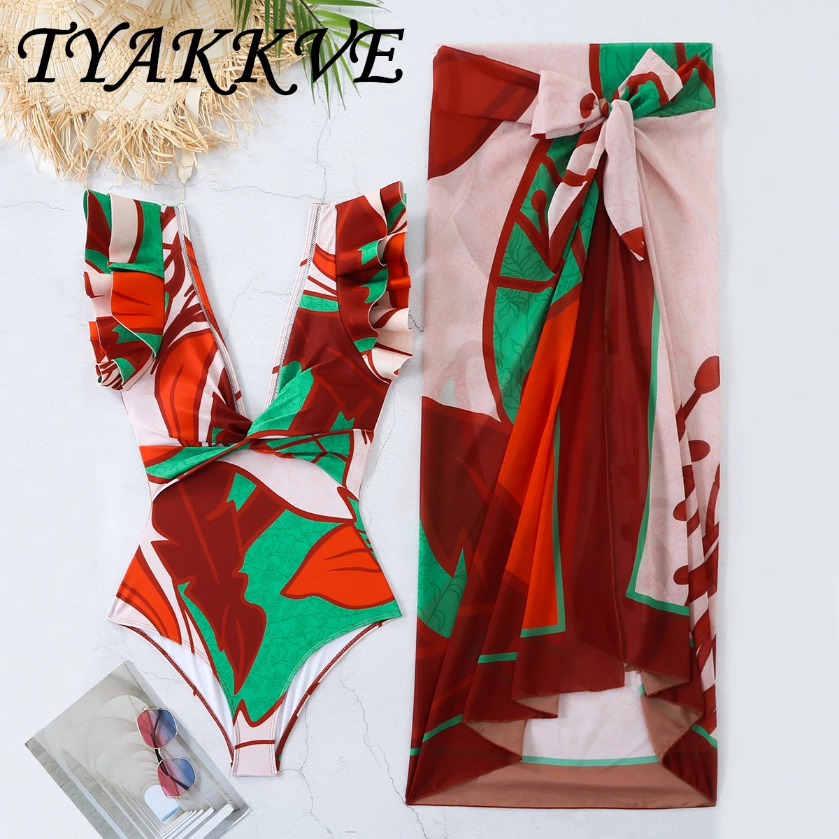 TYAKKVE 2024 Summer New Double layered Ruffle Edge Deep V One Piece Swimming Suit Women's Half Skirt Two Piece Bikini Set