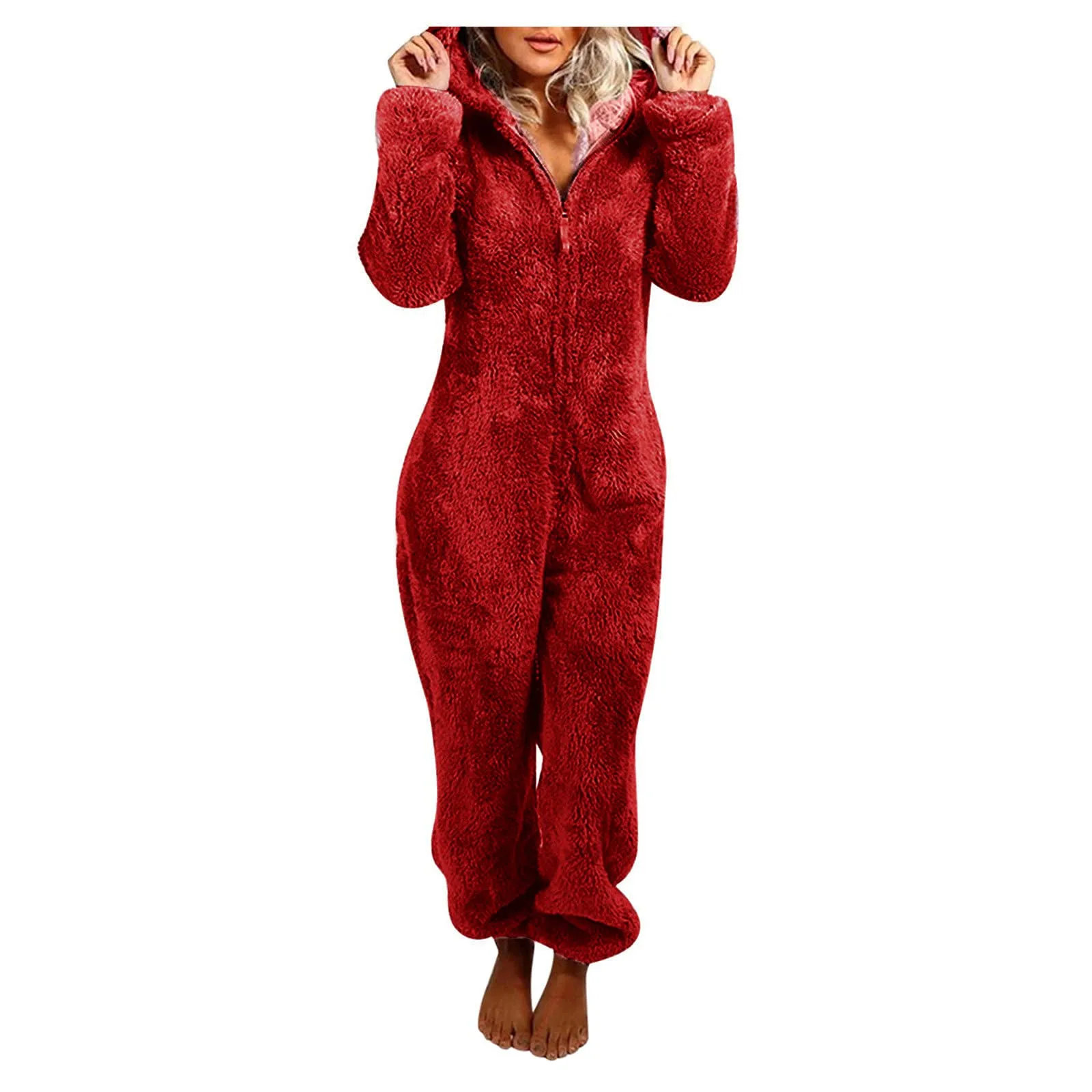 Women'S Plush Romper Pajamas Autumn Winter Onesies Fleece Hooded Jumpsuits Long-Sleeve Zipper Solid Color Sleepwear Homewear