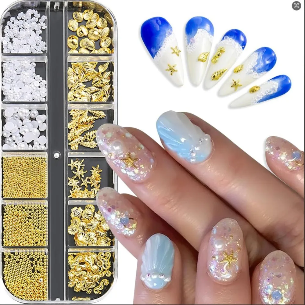 12 griglie 3D oro argento estate oceano pendenti per unghie lega stella marina/conchiglia/conchiglia rivetti metallici assortiti vita marina decorazione per unghie