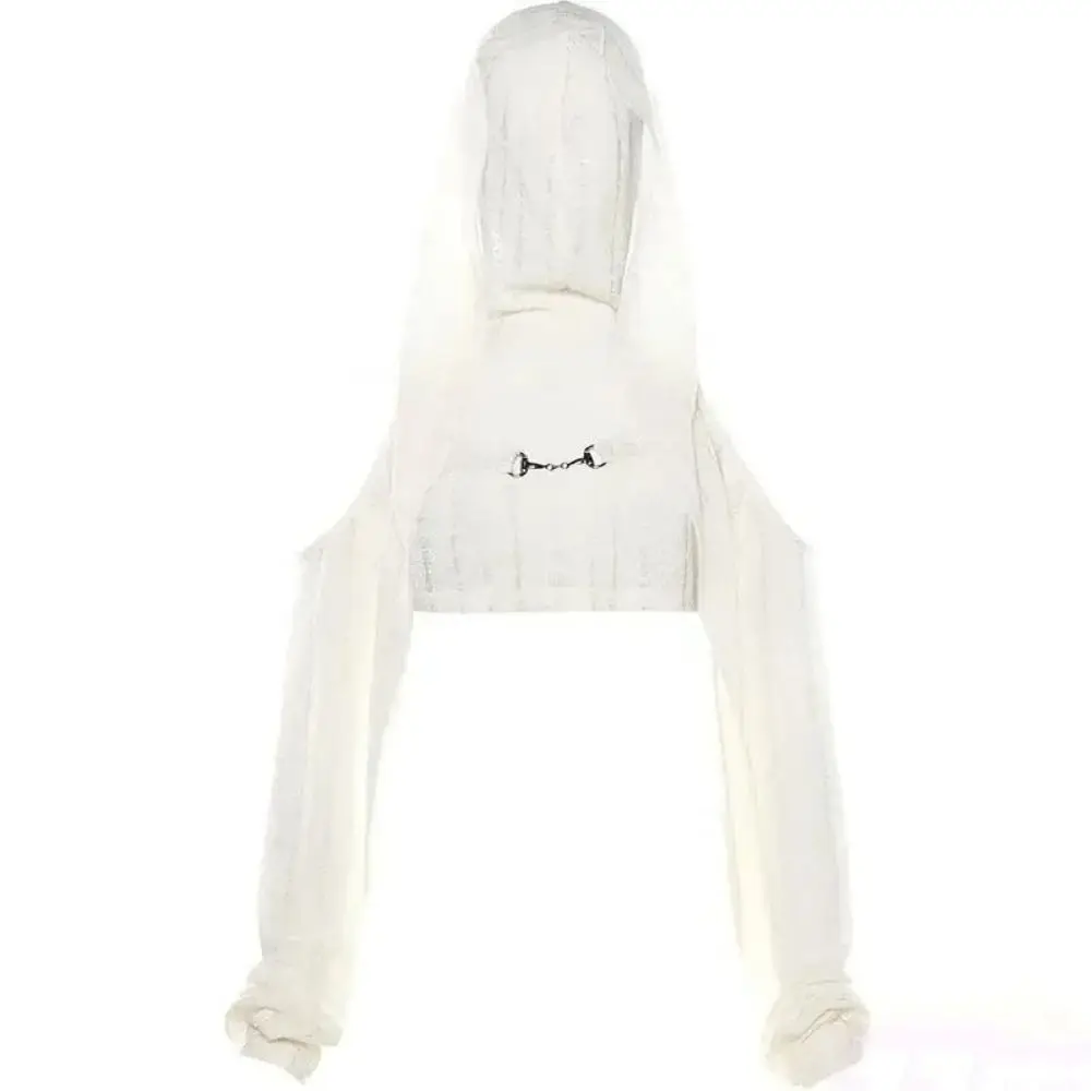 

Polyester Fiber Long Sleeve Cover Up European Style Thin Fabric Hooded Jacket Metal Buckle Hollow-Out Design Women's Cardigan