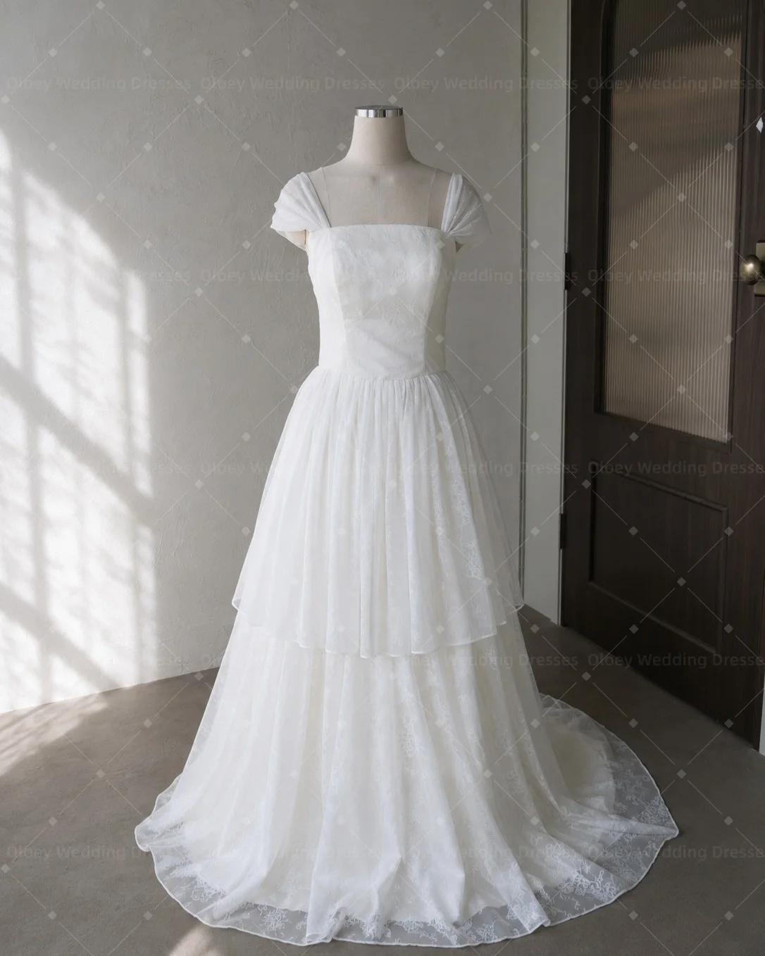 OLOEY Customized Lace Korean Wedding Dress 프롬드레스 Short Sleeves A-Line Bridal Gown Korea Wedding Photo Shoot Dresses