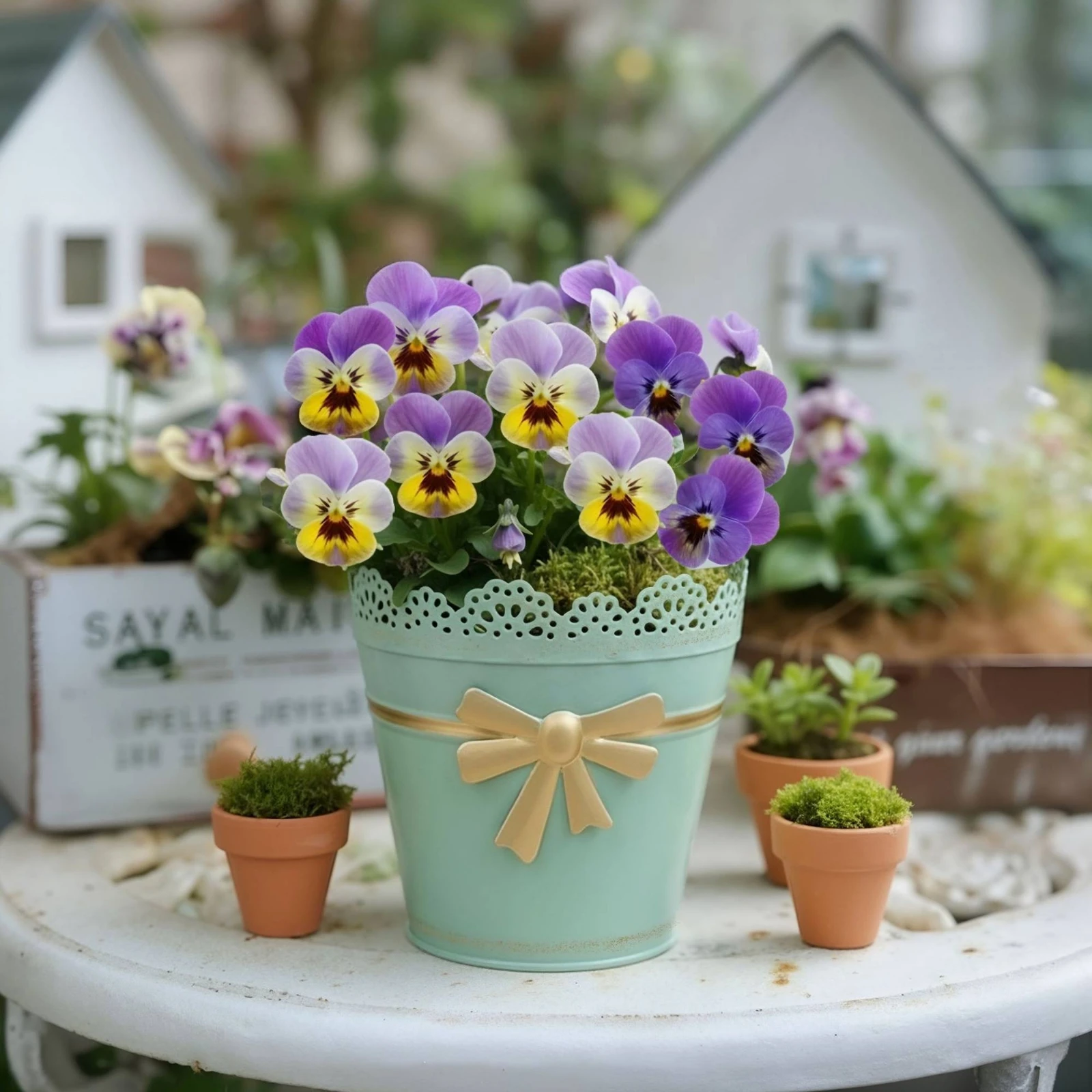 Metal Planter Pot Farmhouse Planter with Lace Rim Pot with Bow Ornament Tapered Gardening Container Outdoor for Gardeners