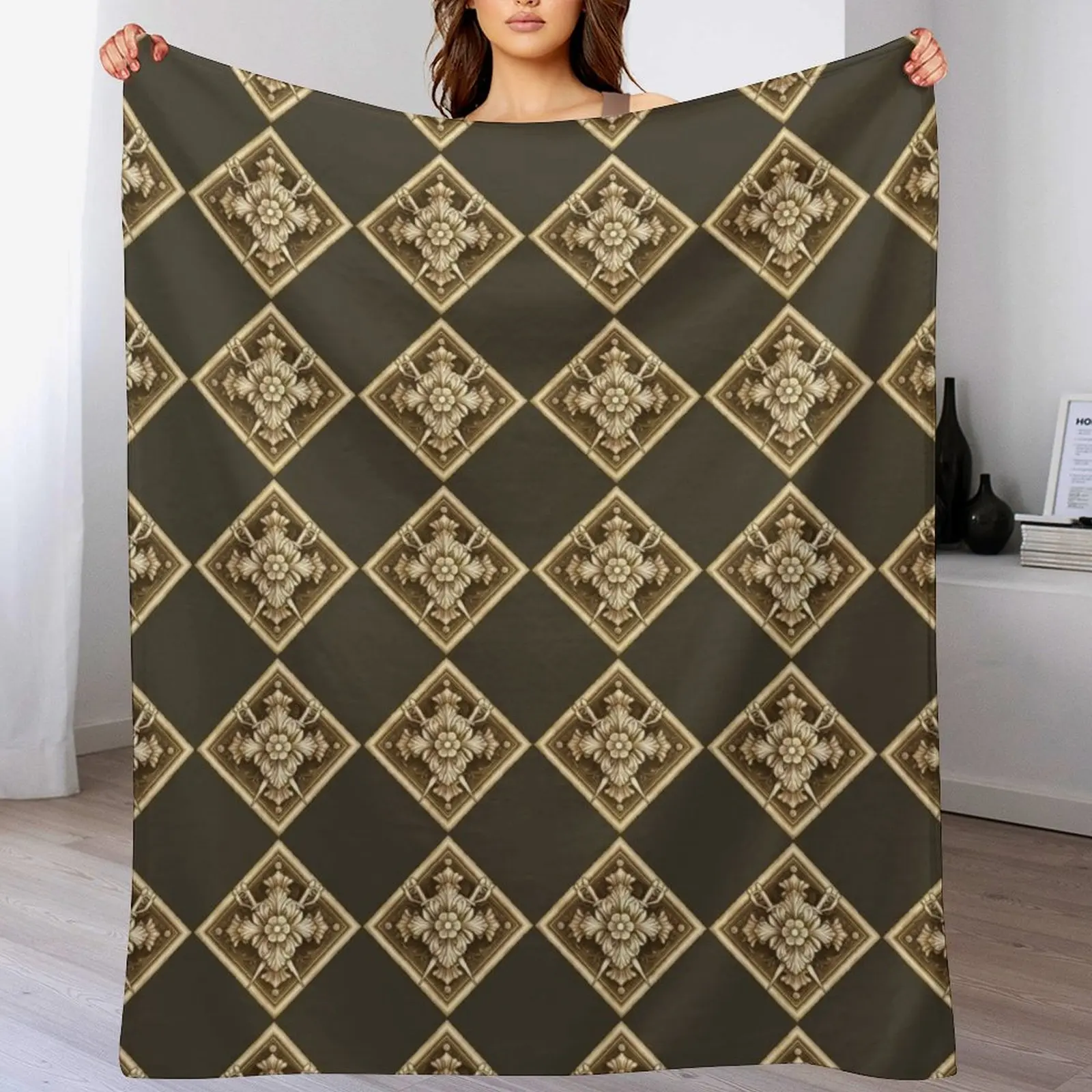 

(Dark) House Dimitrescu Crest - Gold Throw Blanket Soft Plush Plaid Luxury Designer Custom Blankets