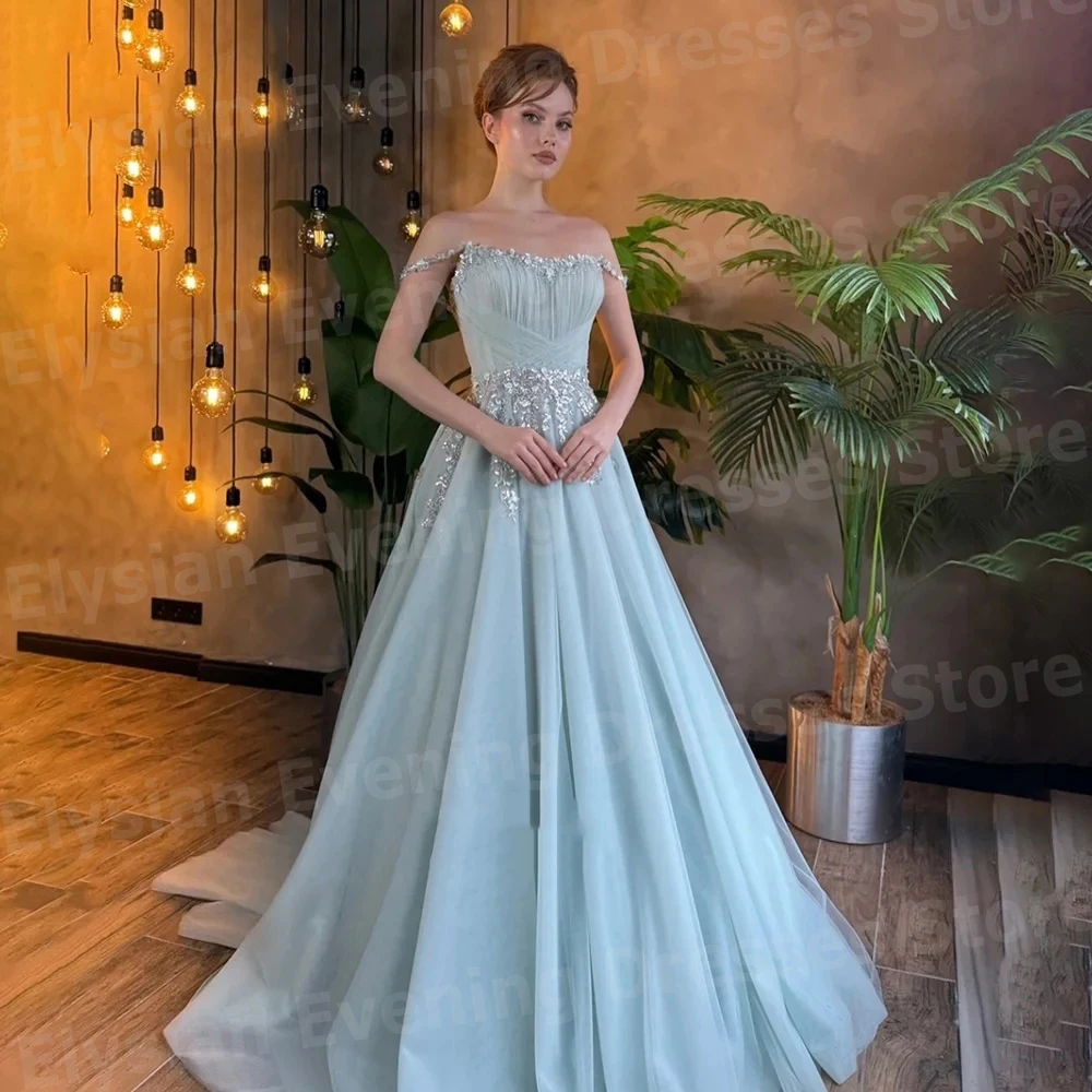 

Beautiful Women's A Line Evening Dresses Off The Shoulder Customized Appliques Prom Gowns Princess Vestidos Para Mujer Elegantes