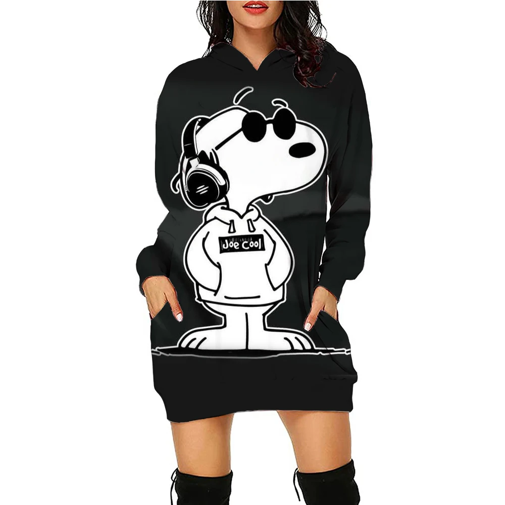 Autumn and Winter Women\'s Hoodie Dress Snoopy Printed Fashion Long Sleeve Hoodie Dress Casual Hoodie Women\'s Pullover Dress