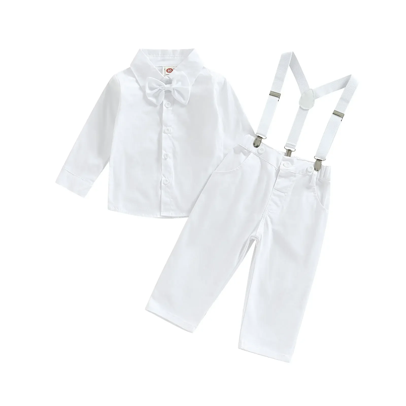 Toddler Kids Baby Boy Gentleman Clothing Set, Solid Color Long Sleeve Lapel Button Shirt + Tie+ Suspender Pants 6M-5T