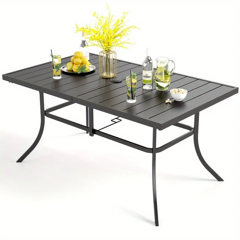 Mesa de comedor para Patio con orificio para sombrilla, mesa rectangular para exteriores para 6 personas, mesa rectangular de Metal resistente a la intemperie para Patio