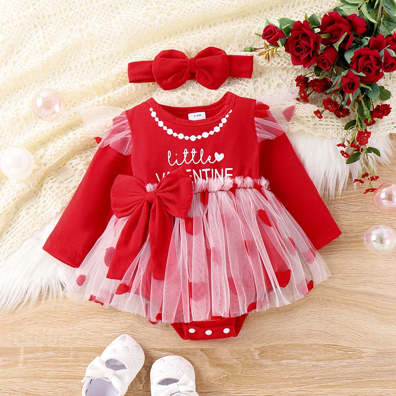 

Suefunskry Baby Girls Valentine's Day Romper Long Sleeve Crew Neck Heart Letter Print Tulle Patchwork Romper Dress with Headband