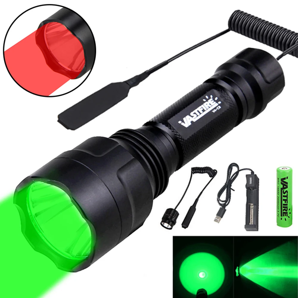 Imagem -02 - Led Tactical Hunting Lanterna c8 Verde Vermelho Branco Tocha 1-modo Predator Handheld Tocha Clip Chave Cauda Conjunto de Carregador 18650