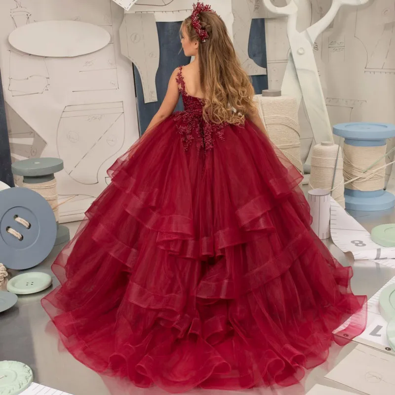 Customized Burgundy Flower Girl Dresses Tulle Puffy Appliques Tiered Sleeveless For Wedding Birthday Party Banquet Princess Gown