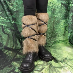 2PCS Medieval Faux Fur Warm Leg Covers Furry Leg Wraps Boot Covers Halloween Cosplay Viking Costume Accessories