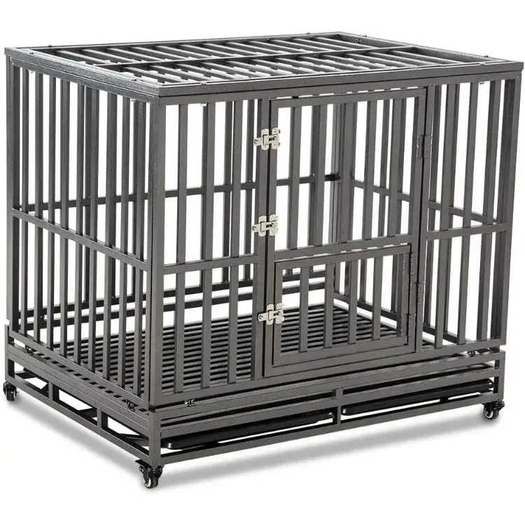 Heavy Duty Dog Cage Metal Kennel and Crate for Medium and Large Dogs, Pet Playpen with Four Wheels,Easy to Install,46 inch