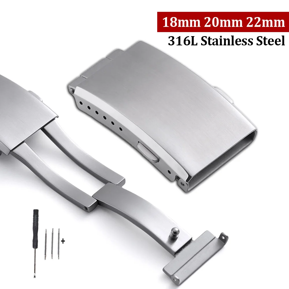 

18mm 20mm 22mm Metal Button 316L Solid Stainless Steel Watch Clasp Folding Buckle Silver Black for Men Women Watchband Buckle