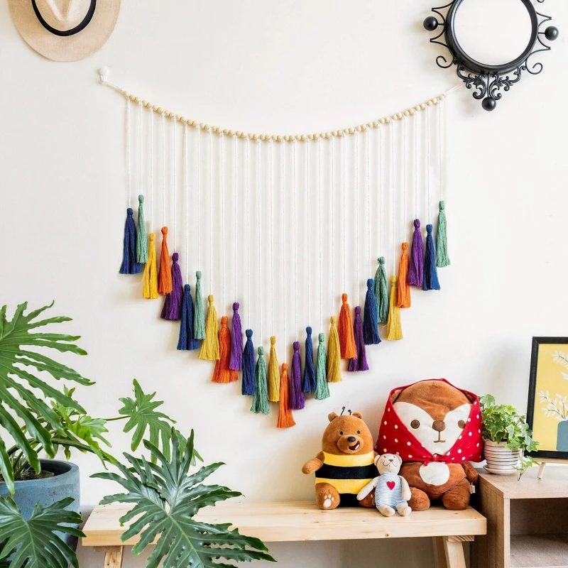 

Color Bohemian Style Tapestry Handmade Wood Bead Cotton Thread Tassel Wall Hanging Tapestry Decorat for Home and Children's Room