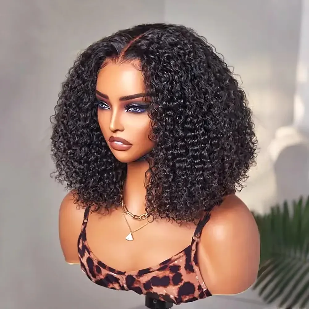 8-16 Inch Bob Curly Human Hair Wigs 13x4 HD Lace Frontal Wig Bouncy Deep Wave Texture Natural Black Human Hair Wigs Pre Plucked Bangs For Daily Wear