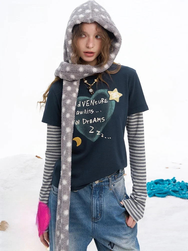 

Женская зимняя нижняя одежда: удлиненная футболка-поло с эффектом двухслойности, в полоску, повседневная, с круглым вырезом, из смесового хлопка и полиэстера