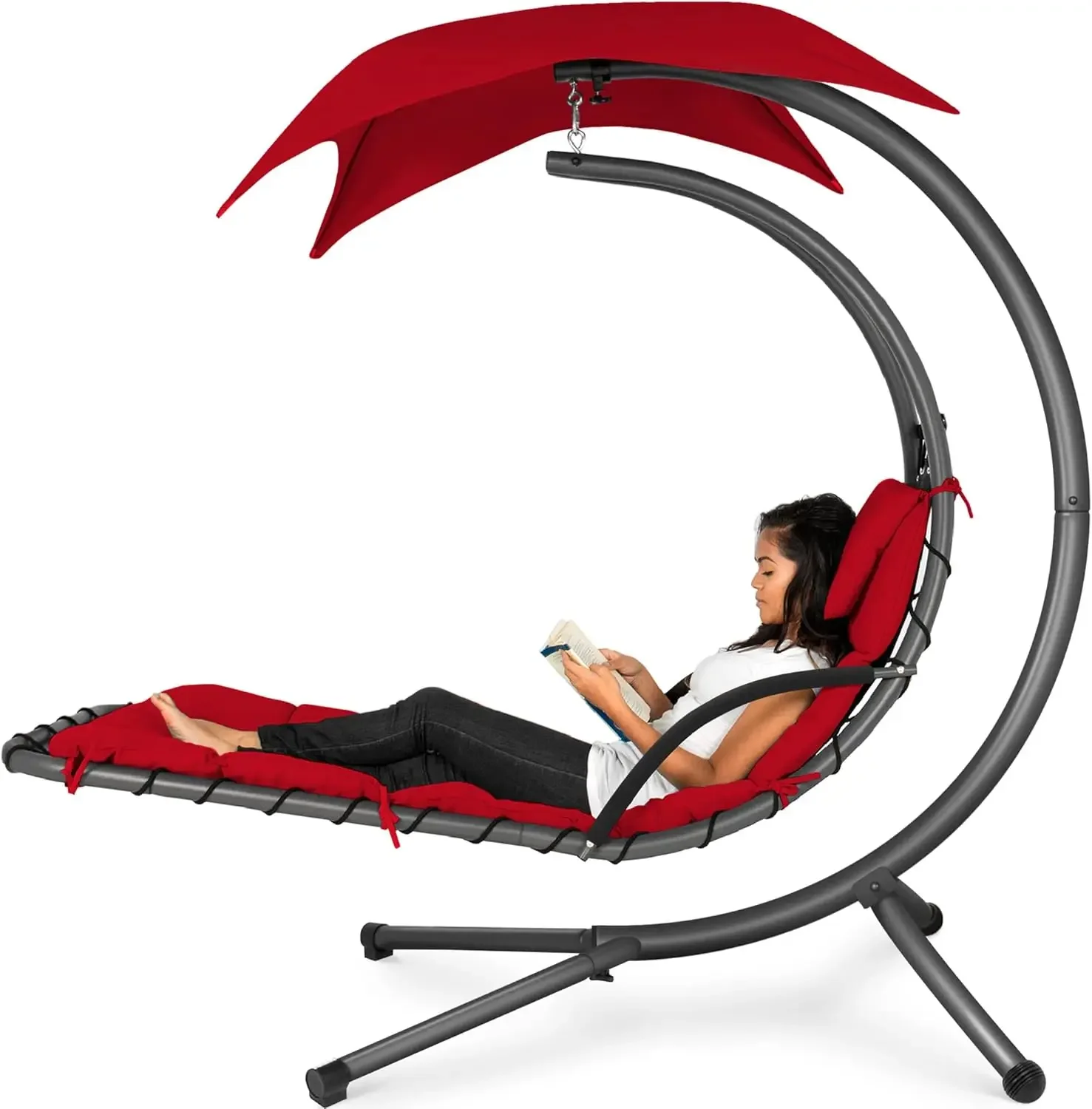 

Best Choice Products Outdoor Hanging Curved Steel Chaise Lounge Chair Swing w/Built-in Pillow and Removable Canopy -Red