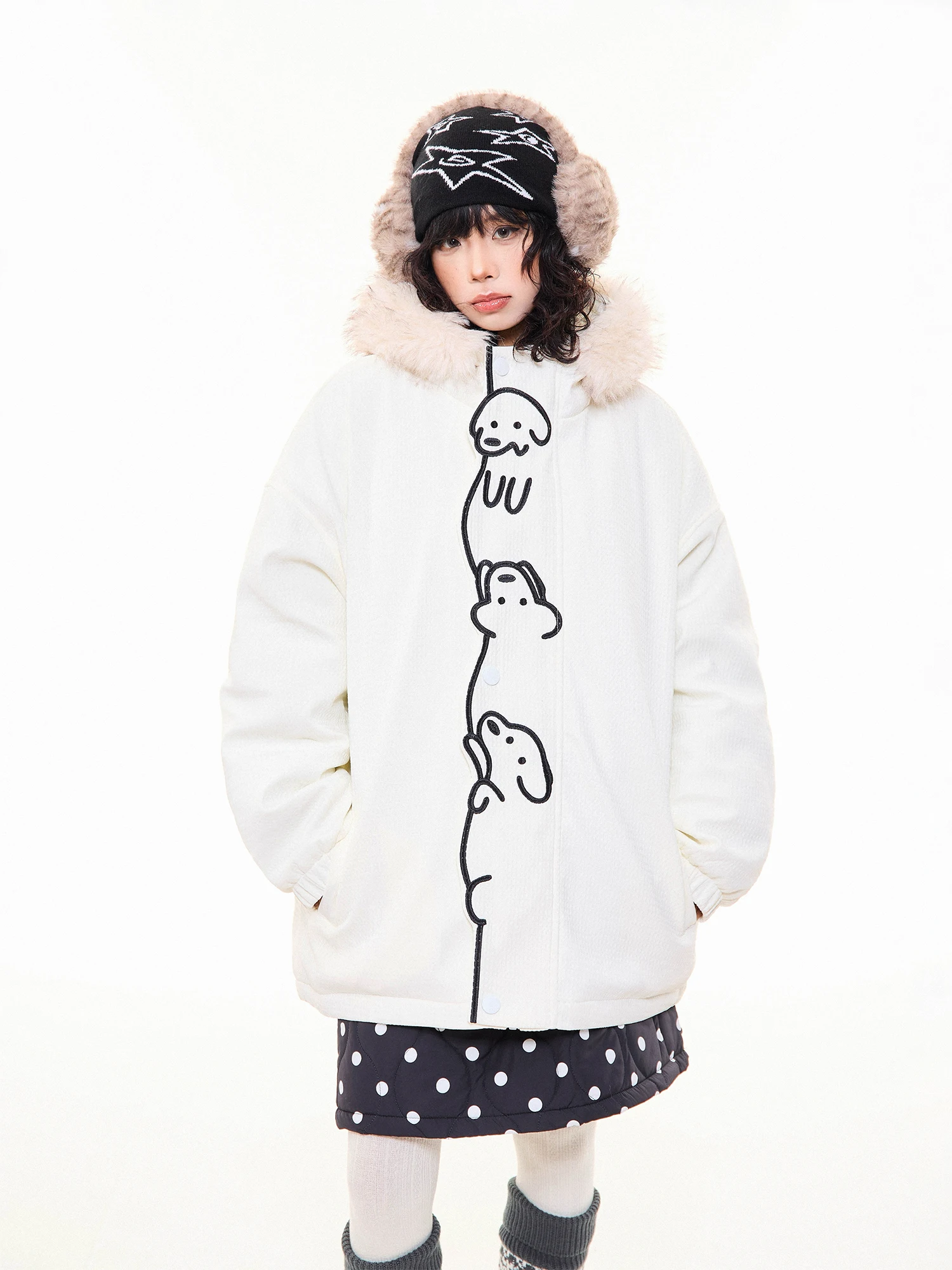 

MKGO Thiened Cotton Jaet with Hood And Removable Fur Collar for Women Winter Versatile Sewing Dog Pattern Coat