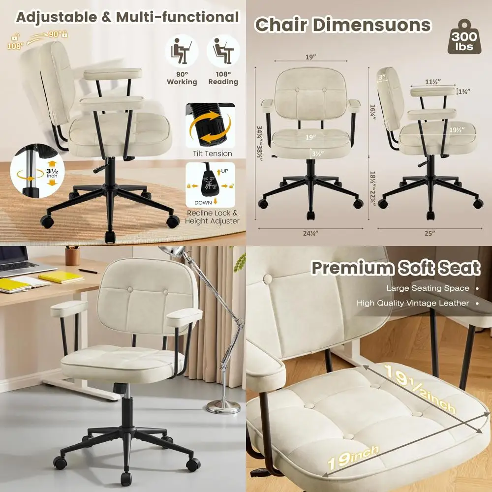 

Mid-Back Ergonomic PU Leather Office Chair with Padded Armrests, Adjustable Height, Swivel, and Wheels, Beige