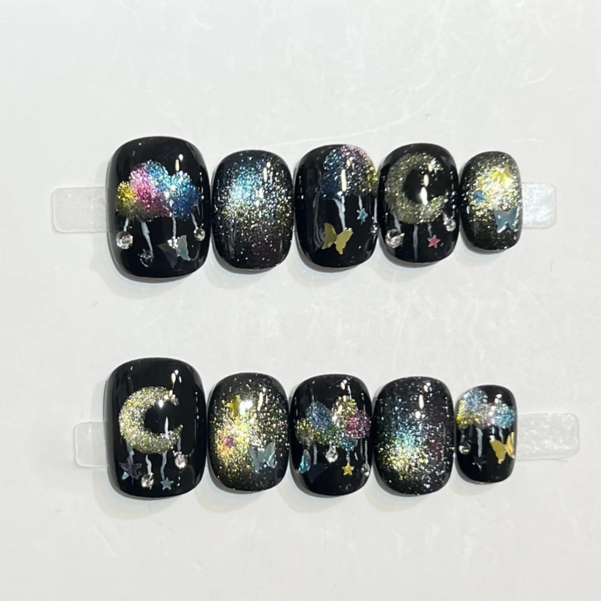 10pcs Ocean Blue Handmade Nails Press on Glitter Star Design Fake Nails Tips Short Square Round False Nail Art Wearable Manicure