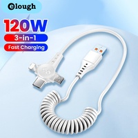 120W 3 in 1 Fast Charge USB Spring Cable USB 3.0 To Lighting/Micro/Type C Spring Data Cable For Samsung Huawei Xiaomi Phone