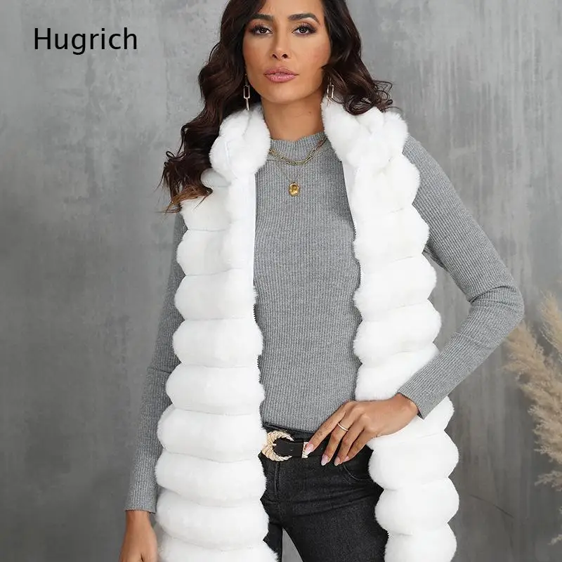 Ladies Winter Plush Furry Segmented Faux Fur Long Vest Stand Collar Sleeveless Fashion Street Waistcoat