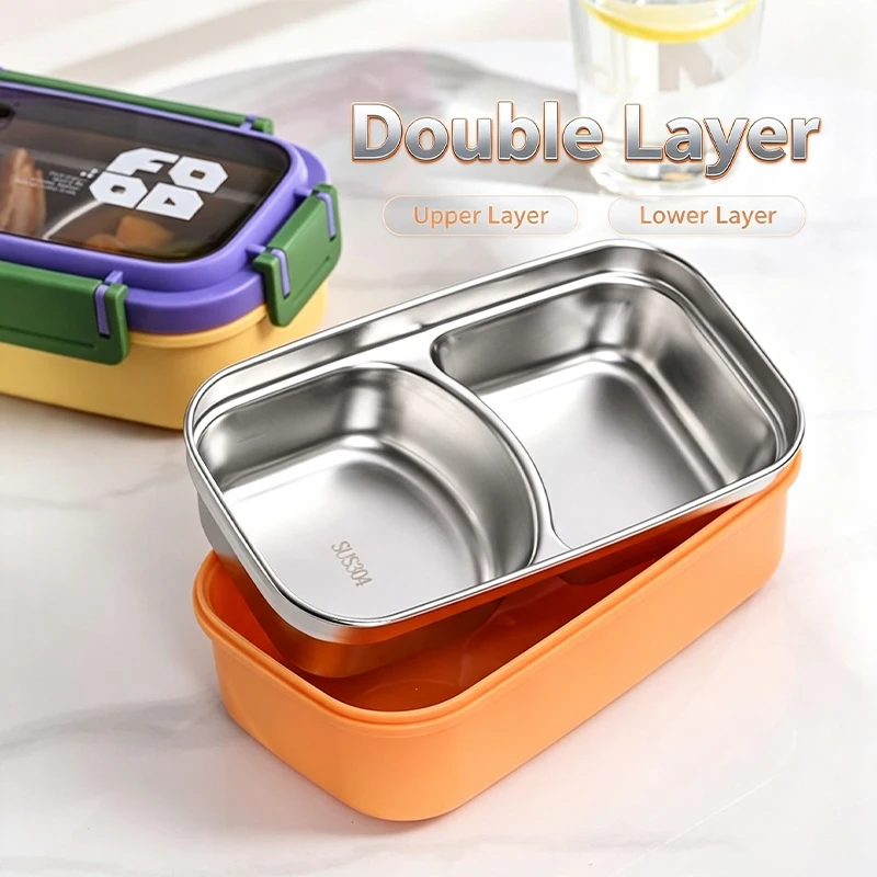 304 Stainless Steel Divided Kid Lunch Box Heat Insulated Anti-Scald Bento Food Container Portable Compartment Meal Box with Lock - view 3